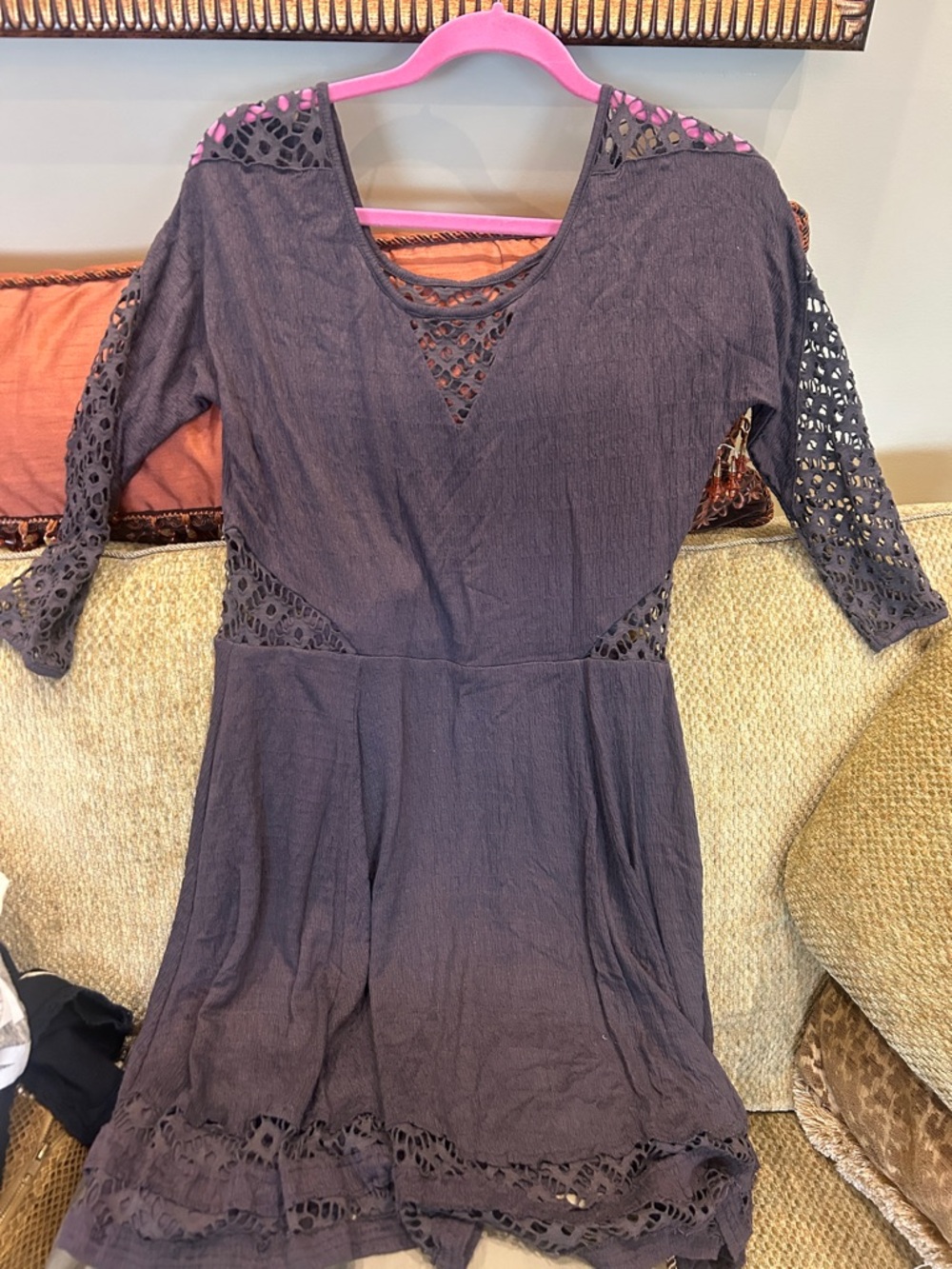 Free People Dark Gray Crochet-Detail Long Sleeve Dress-Large
